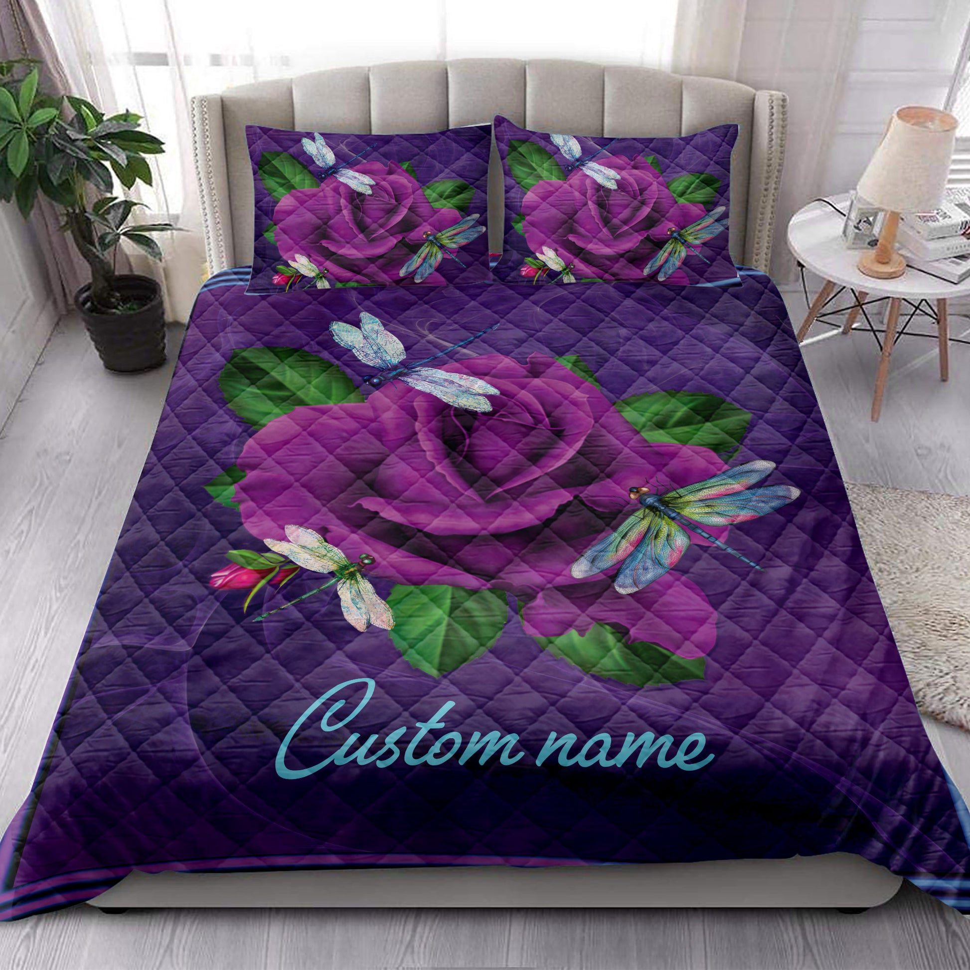 Ohaprints-Quilt-Bed-Set-Pillowcase-Purple-Rose-Dragonfly-Violet-Unique-Gift-Custom-Personalized-Name-Blanket-Bedspread-Bedding-3892-King (90'' x 100'')