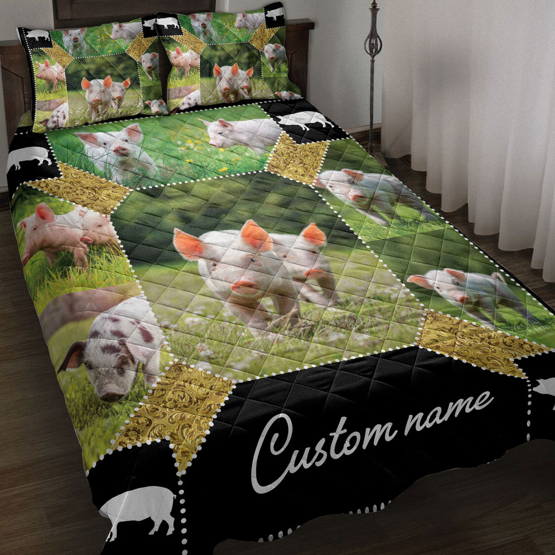 Ohaprints-Quilt-Bed-Set-Pillowcase-Pig-Farm-Animal-Farmer-Farmhouse-Patchwork-Custom-Personalized-Name-Blanket-Bedspread-Bedding-3898-Throw (55'' x 60'')