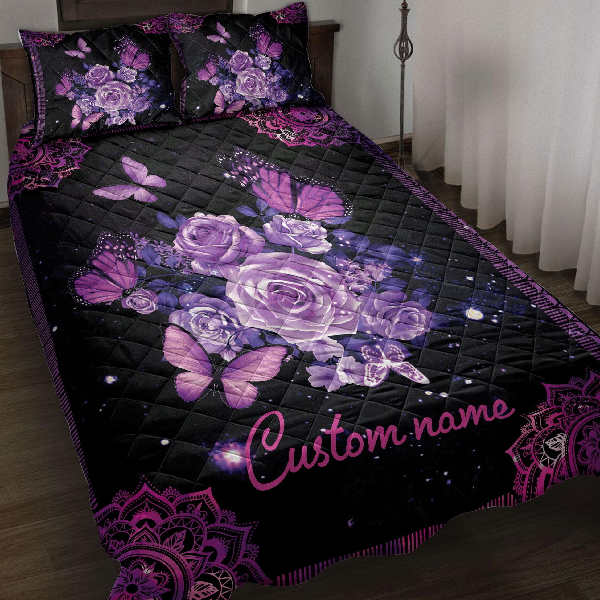 Ohaprints-Quilt-Bed-Set-Pillowcase-Purple-Rose-Butterfly-Mandala-Galaxy-Violet-Custom-Personalized-Name-Blanket-Bedspread-Bedding-3901-Throw (55'' x 60'')