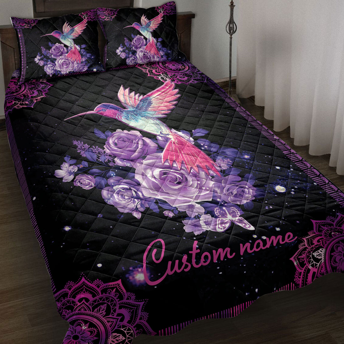 Ohaprints-Quilt-Bed-Set-Pillowcase-Purple-Rose-Hummingbird-Bird-Mandala-Galaxy-Custom-Personalized-Name-Blanket-Bedspread-Bedding-3902-Throw (55'' x 60'')