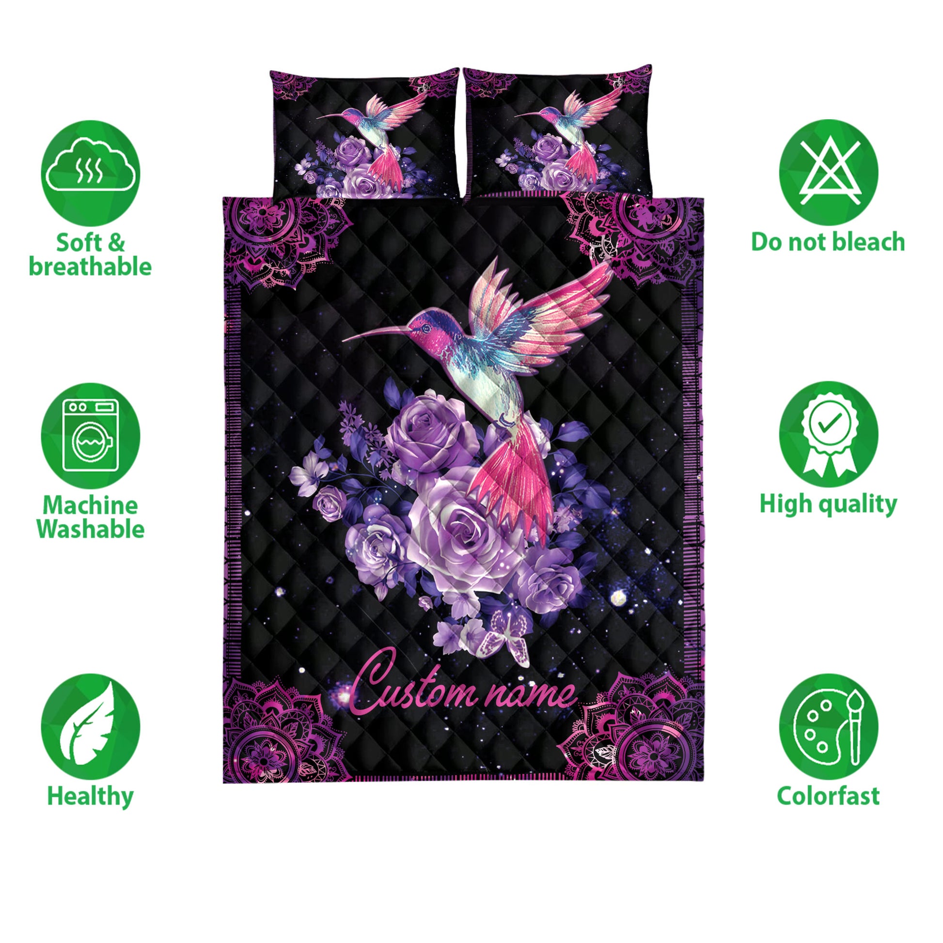 Ohaprints-Quilt-Bed-Set-Pillowcase-Purple-Rose-Hummingbird-Bird-Mandala-Galaxy-Custom-Personalized-Name-Blanket-Bedspread-Bedding-3902-Double (70'' x 80'')