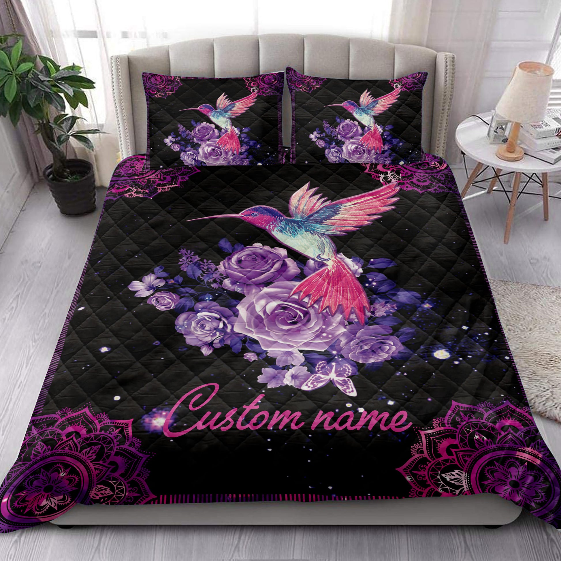 Ohaprints-Quilt-Bed-Set-Pillowcase-Purple-Rose-Hummingbird-Bird-Mandala-Galaxy-Custom-Personalized-Name-Blanket-Bedspread-Bedding-3902-King (90'' x 100'')