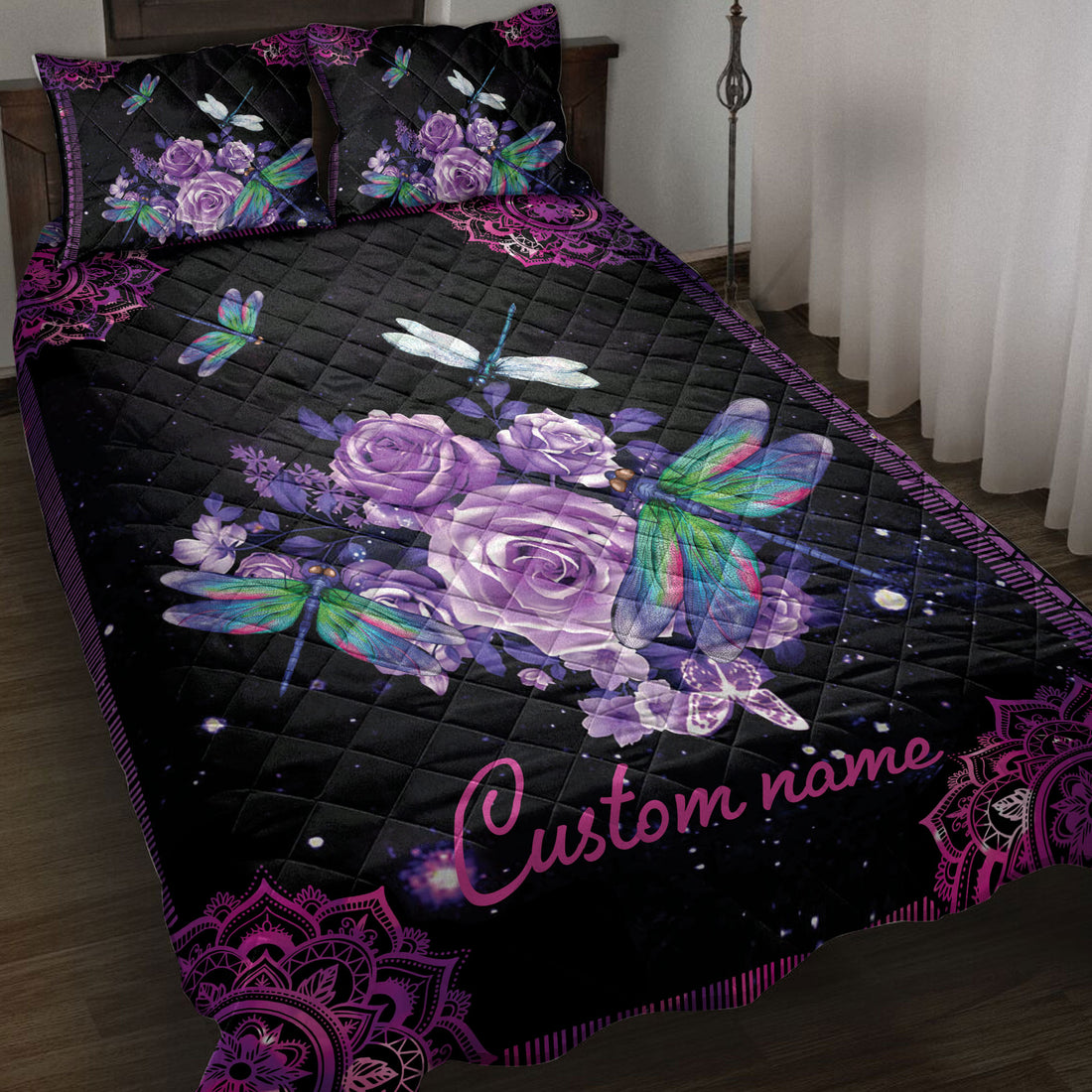 Ohaprints-Quilt-Bed-Set-Pillowcase-Purple-Rose-Dragonfly-Mandala-Galaxy-Violet-Custom-Personalized-Name-Blanket-Bedspread-Bedding-3903-Throw (55'' x 60'')