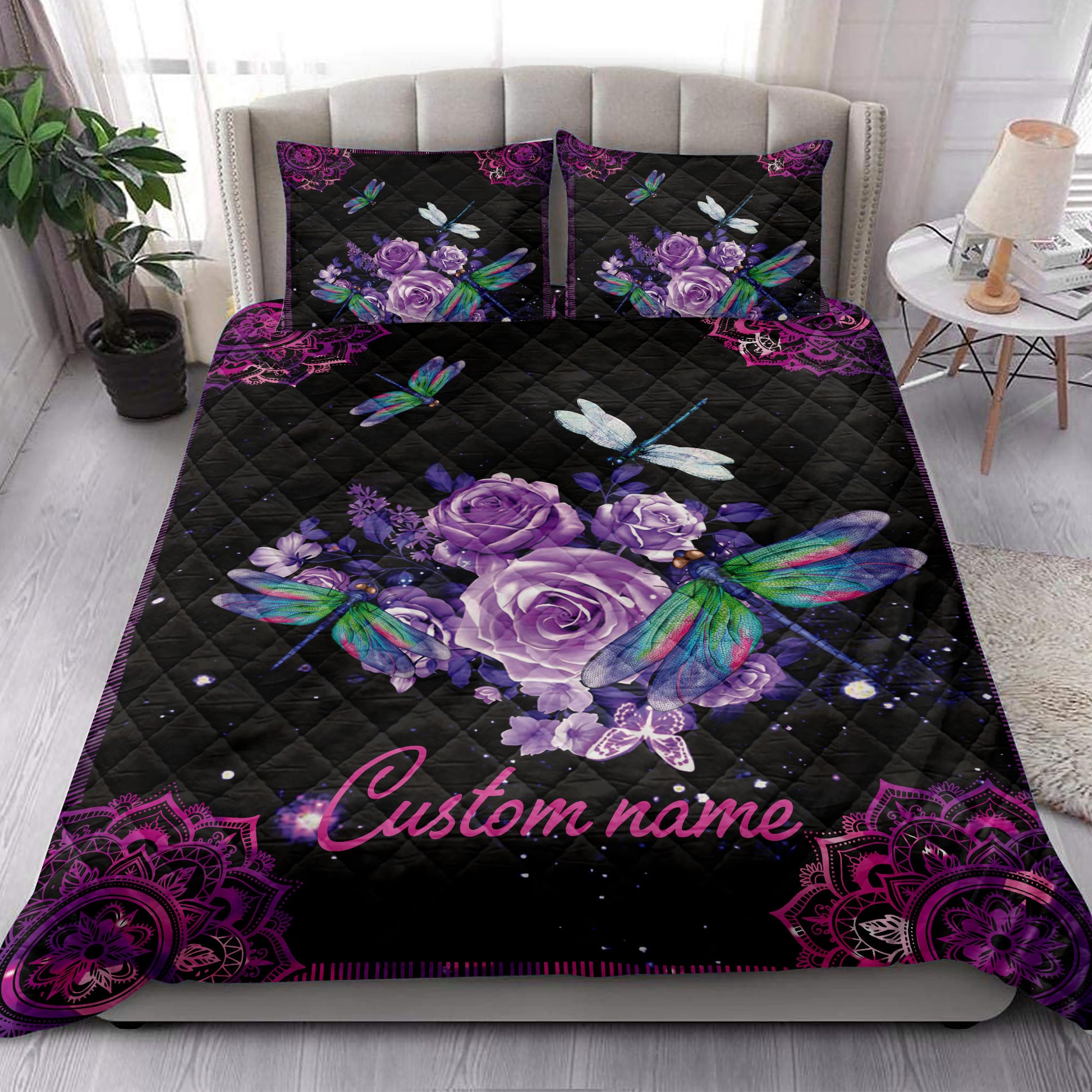 Ohaprints-Quilt-Bed-Set-Pillowcase-Purple-Rose-Dragonfly-Mandala-Galaxy-Violet-Custom-Personalized-Name-Blanket-Bedspread-Bedding-3903-King (90'' x 100'')