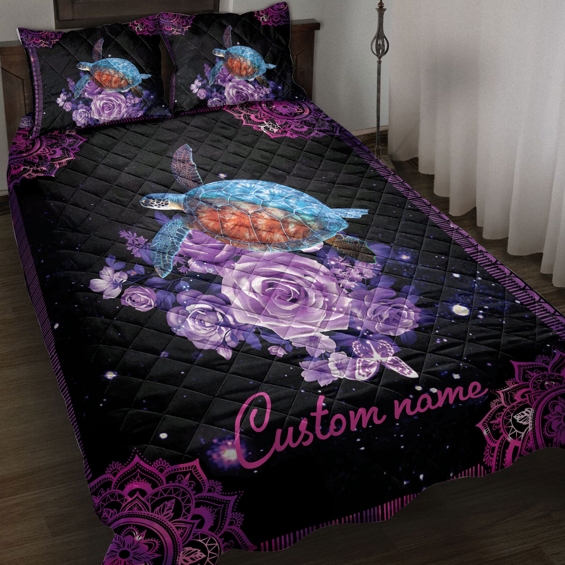 Ohaprints-Quilt-Bed-Set-Pillowcase-Purple-Rose-Sea-Turtle-Ocean-Mandala-Galaxy-Custom-Personalized-Name-Blanket-Bedspread-Bedding-3904-Throw (55'' x 60'')