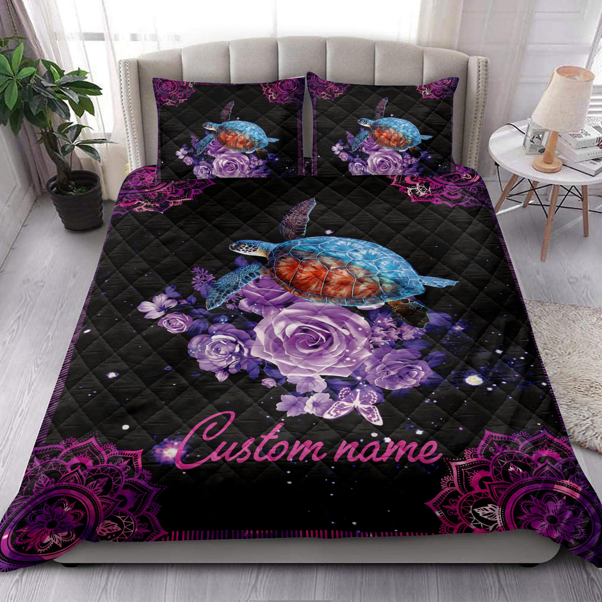 Ohaprints-Quilt-Bed-Set-Pillowcase-Purple-Rose-Sea-Turtle-Ocean-Mandala-Galaxy-Custom-Personalized-Name-Blanket-Bedspread-Bedding-3904-King (90'' x 100'')