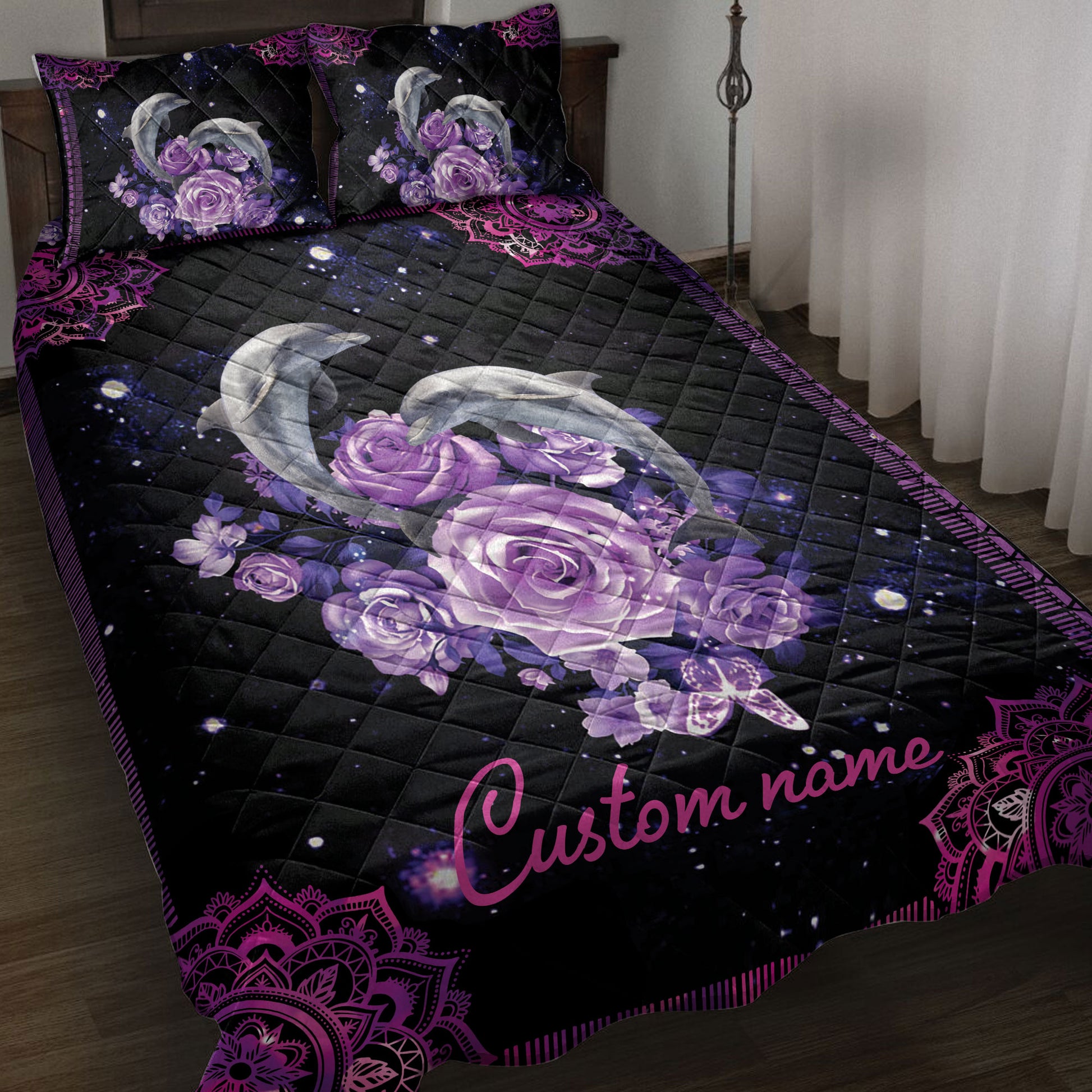 Ohaprints-Quilt-Bed-Set-Pillowcase-Purple-Rose-Dolphin-Sea-Ocean-Mandala-Custom-Personalized-Name-Blanket-Bedspread-Bedding-3905-Throw (55'' x 60'')