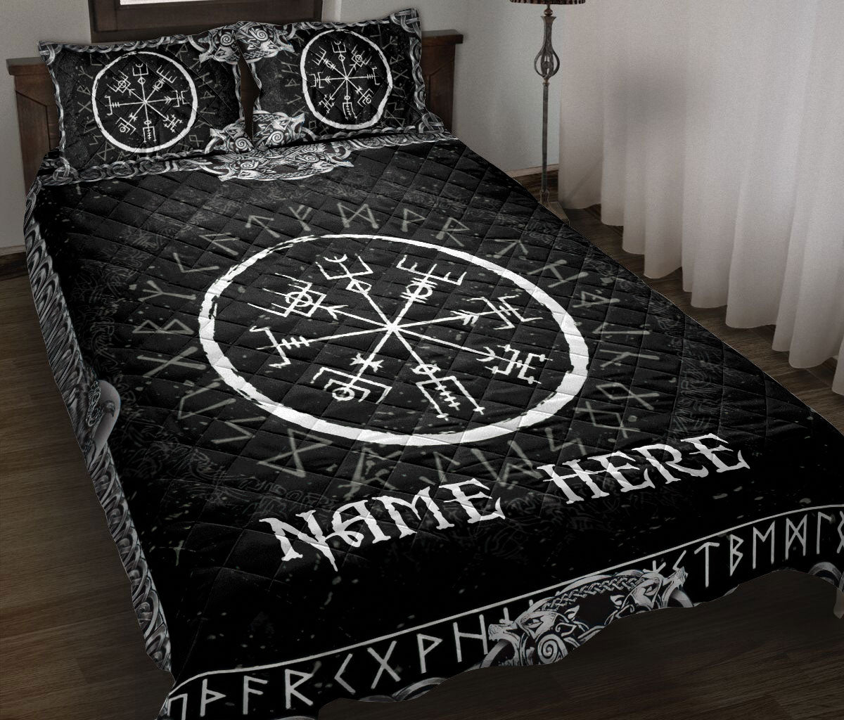 Ohaprints-Quilt-Bed-Set-Pillowcase-Viking-Vegvisir-Runic-Rune-Pattern-Black-Norse-Nordic-Custom-Personalized-Name-Blanket-Bedspread-Bedding-1313-Throw (55'' x 60'')