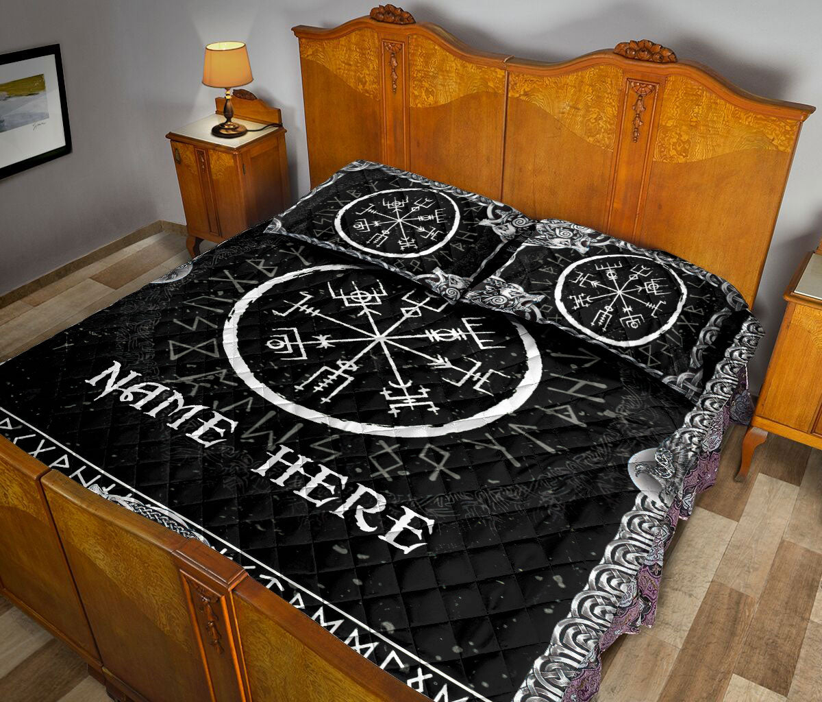 Ohaprints-Quilt-Bed-Set-Pillowcase-Viking-Vegvisir-Runic-Rune-Pattern-Black-Norse-Nordic-Custom-Personalized-Name-Blanket-Bedspread-Bedding-1313-Queen (80'' x 90'')