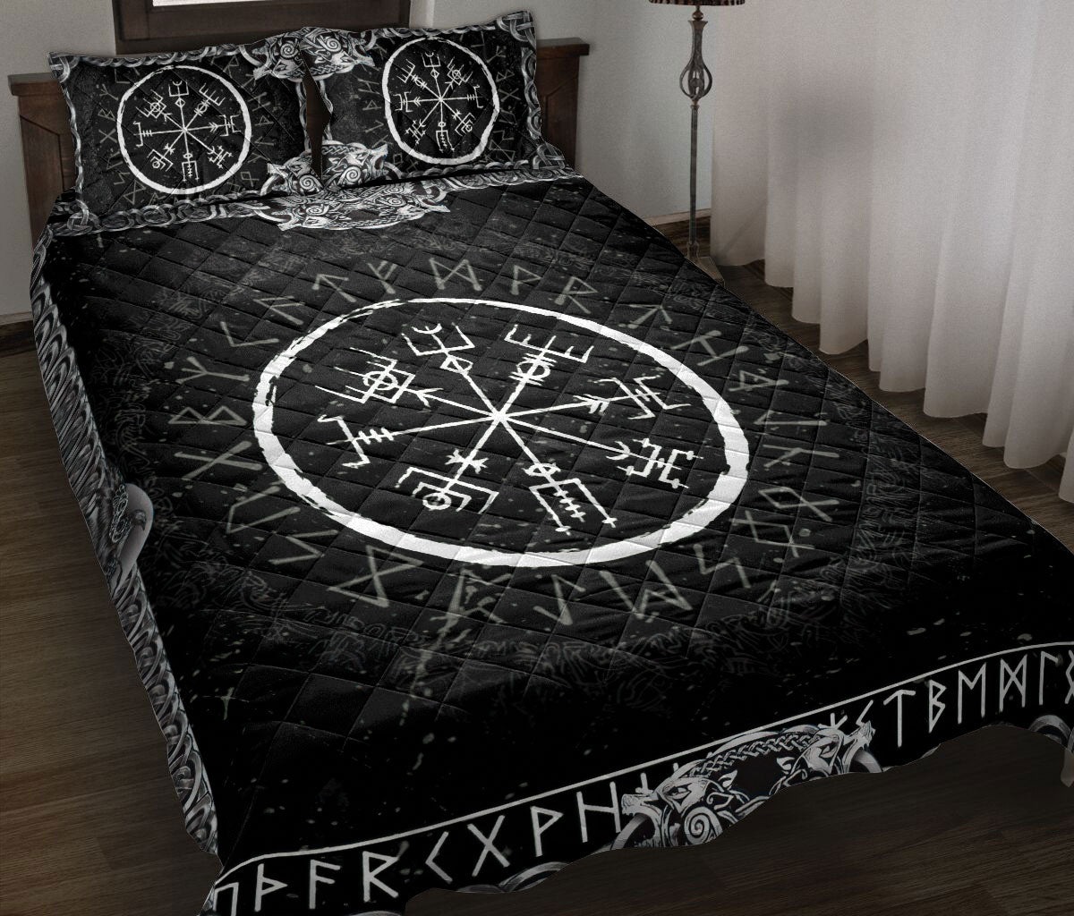 Ohaprints-Quilt-Bed-Set-Pillowcase-Viking-Vegvisir-And-Runic-Rune-Pattern-Black-Norse-Nordic-Blanket-Bedspread-Bedding-496-Throw (55'' x 60'')