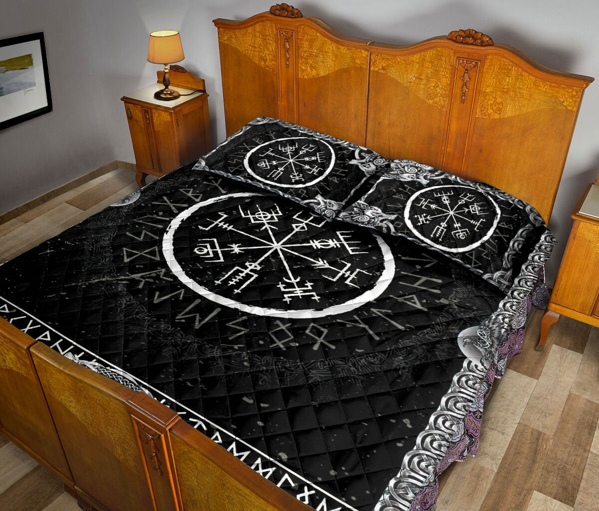 Ohaprints-Quilt-Bed-Set-Pillowcase-Viking-Vegvisir-And-Runic-Rune-Pattern-Black-Norse-Nordic-Blanket-Bedspread-Bedding-496-Queen (80'' x 90'')