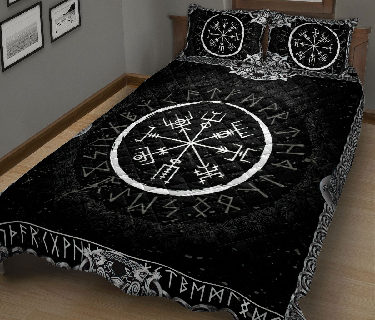 Ohaprints-Quilt-Bed-Set-Pillowcase-Viking-Vegvisir-And-Runic-Rune-Pattern-Black-Norse-Nordic-Blanket-Bedspread-Bedding-496-King (90'' x 100'')