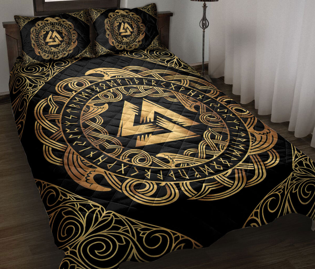 Ohaprints-Quilt-Bed-Set-Pillowcase-Viking-Valknuttriple-Triangle-Odin-Yellow-Black-Norse-Nordic-Mythology-Blanket-Bedspread-Bedding-207-Throw (55'' x 60'')