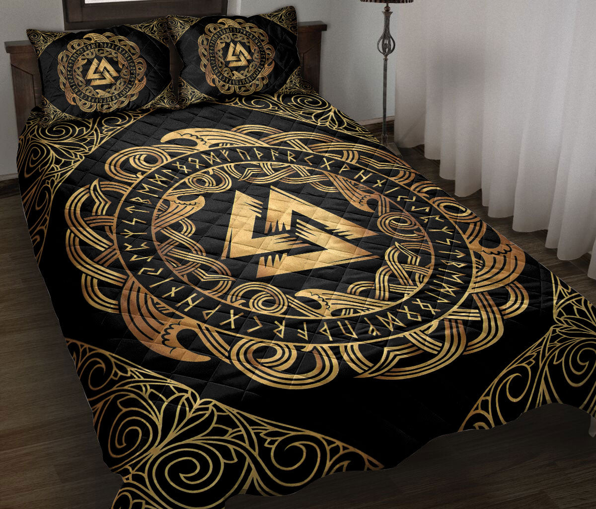 Ohaprints-Quilt-Bed-Set-Pillowcase-Viking-Valknuttriple-Triangle-Odin-Yellow-Black-Norse-Nordic-Mythology-Blanket-Bedspread-Bedding-207-Throw (55'' x 60'')