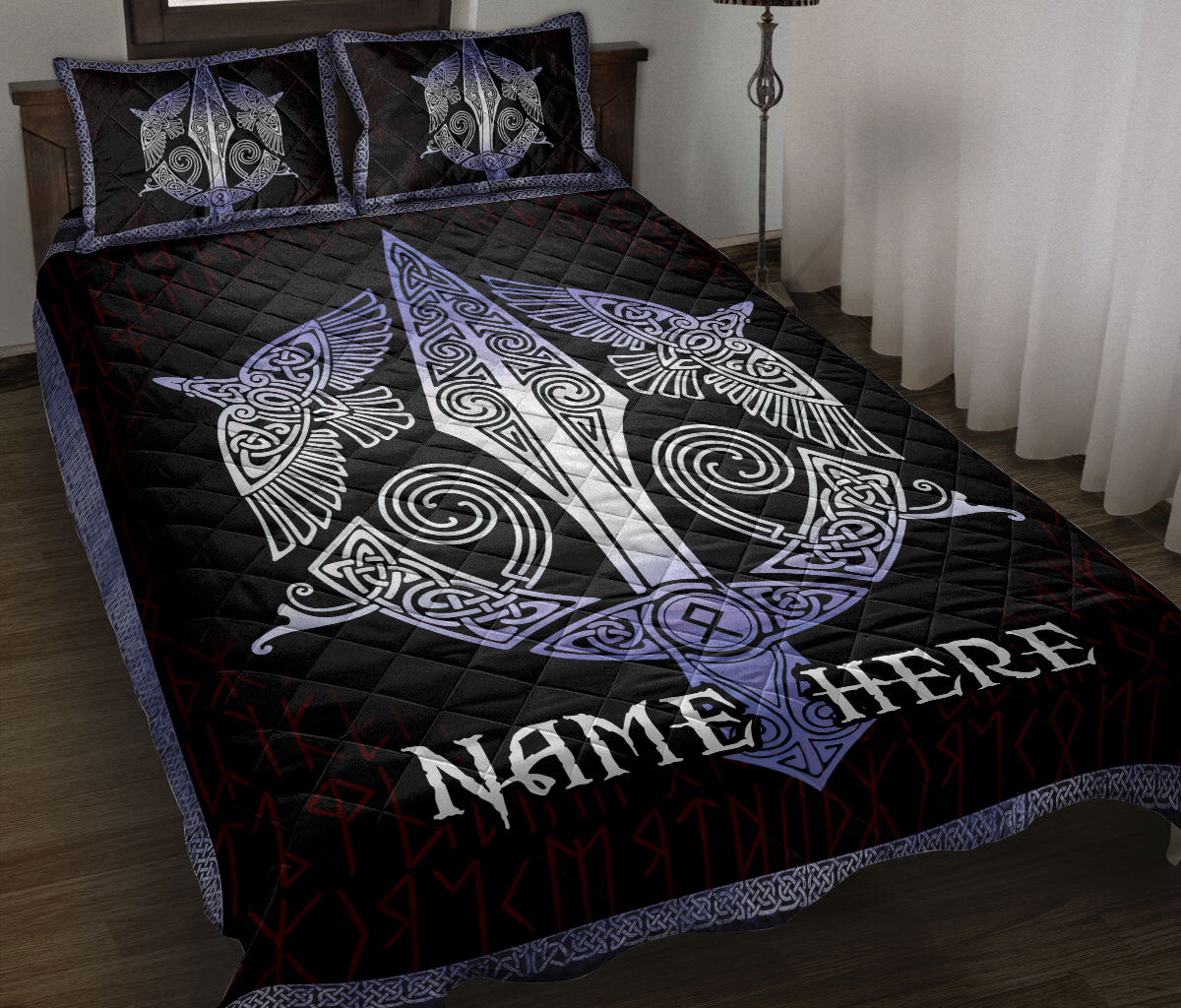 Ohaprints-Quilt-Bed-Set-Pillowcase-Viking-Raven-Odin'S-Spear-Gungnir-Norse-Nordic-Black-Custom-Personalized-Name-Blanket-Bedspread-Bedding-1085-Throw (55'' x 60'')