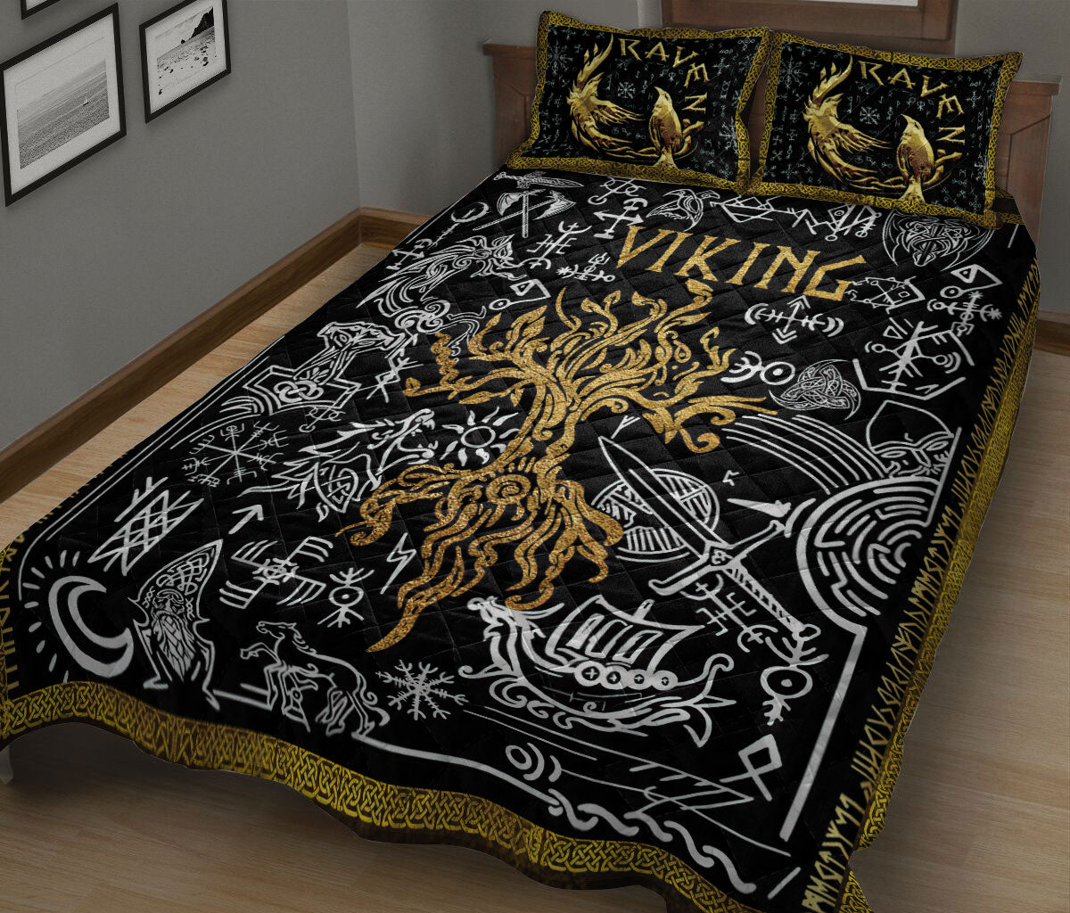 Ohaprints-Quilt-Bed-Set-Pillowcase-Viking-Raven-Tree-Of-Life-Yggdrasil-Huginn-Muninn-Norse-Nordic-Mythology-Blanket-Bedspread-Bedding-722-King (90'' x 100'')