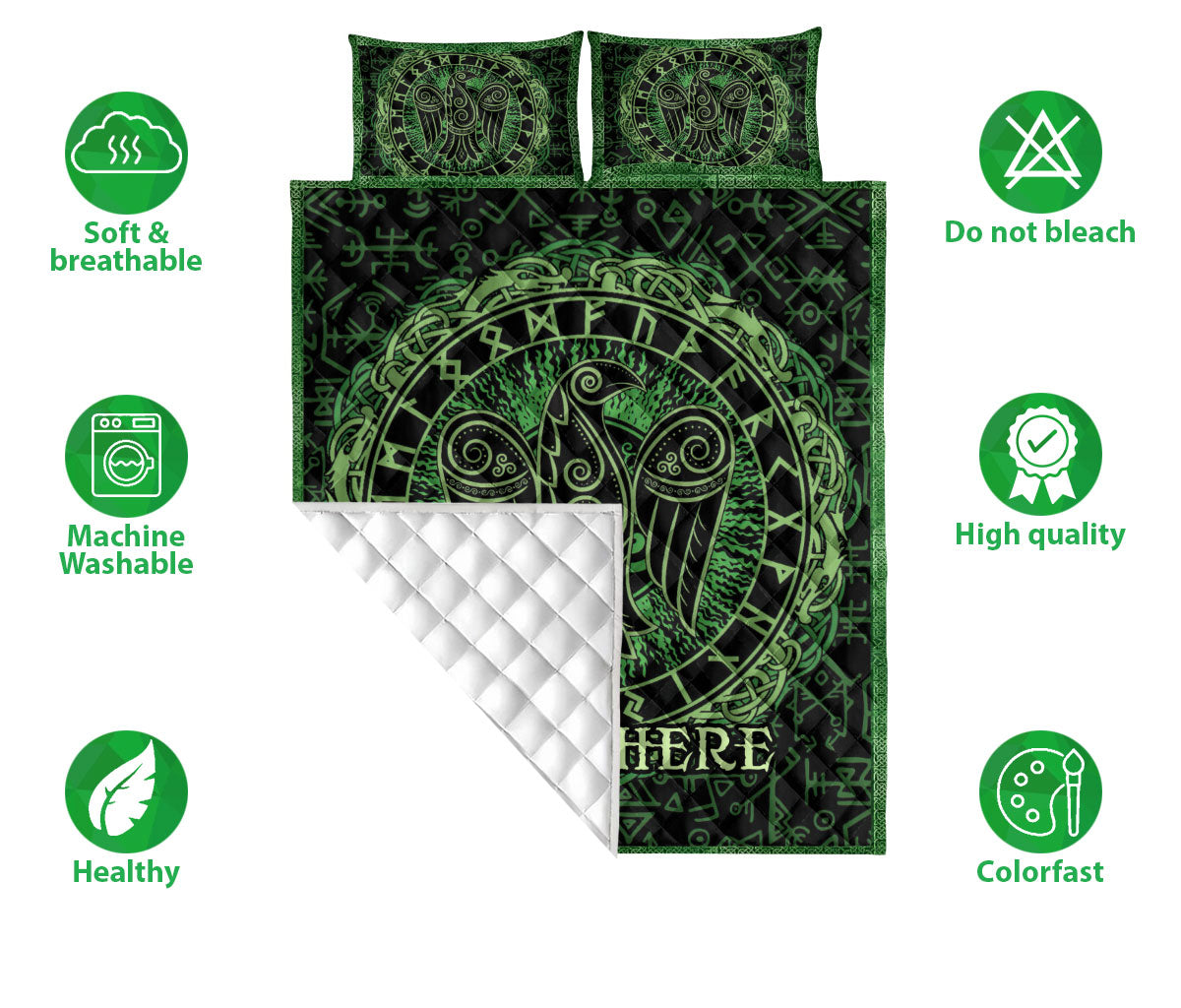 Ohaprints-Quilt-Bed-Set-Pillowcase-Raven-Rune-Viking-Norse-Nordic-Mythology-Black-Green-Custom-Personalized-Name-Blanket-Bedspread-Bedding-1378-Double (70'' x 80'')