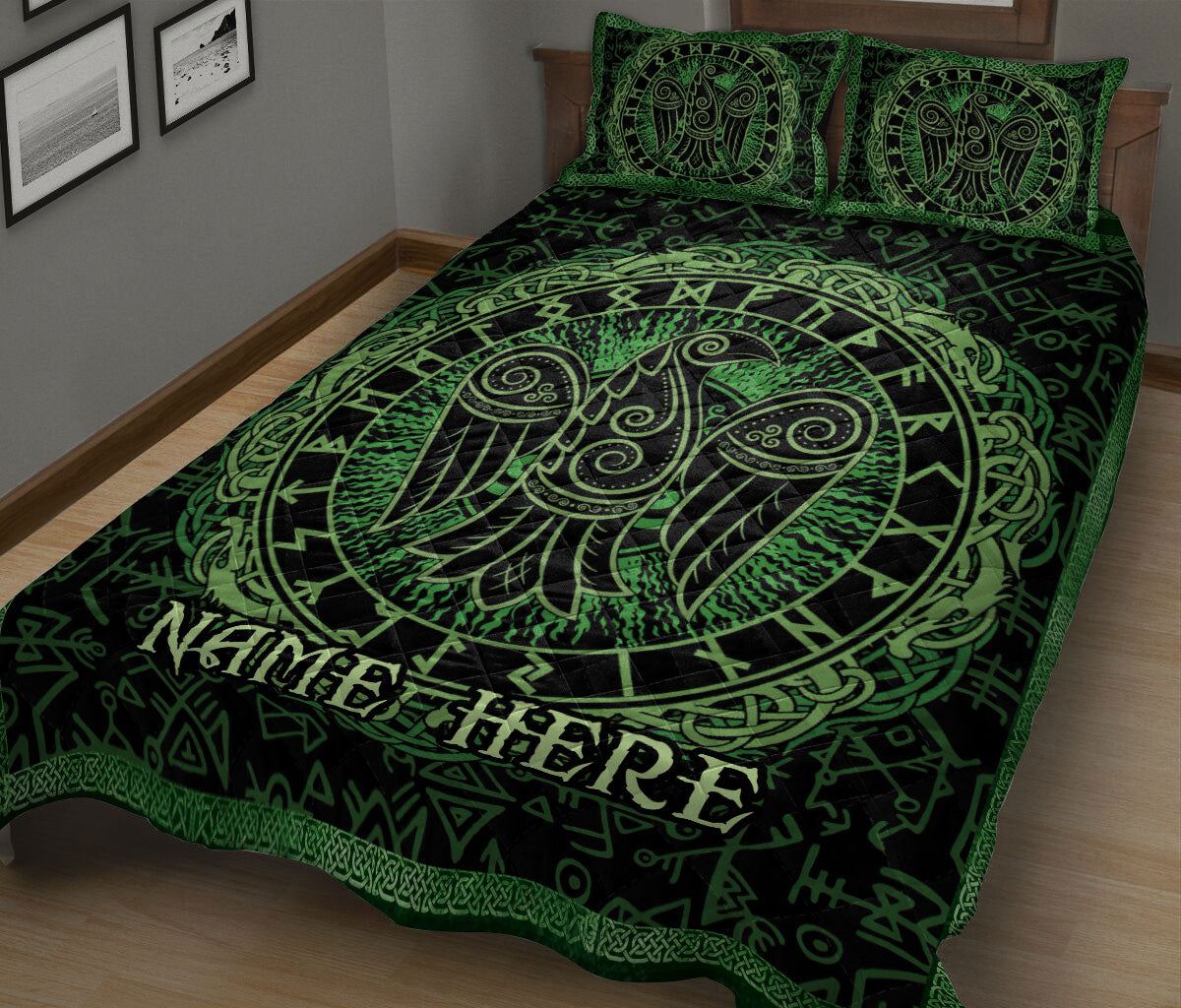 Ohaprints-Quilt-Bed-Set-Pillowcase-Raven-Rune-Viking-Norse-Nordic-Mythology-Black-Green-Custom-Personalized-Name-Blanket-Bedspread-Bedding-1378-King (90'' x 100'')