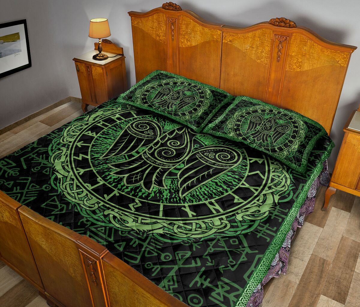 Ohaprints-Quilt-Bed-Set-Pillowcase-Raven-Rune-Viking-Huginn-Muninn-Norse-Nordic-Mythology-Black-Green-Blanket-Bedspread-Bedding-1668-Queen (80'' x 90'')