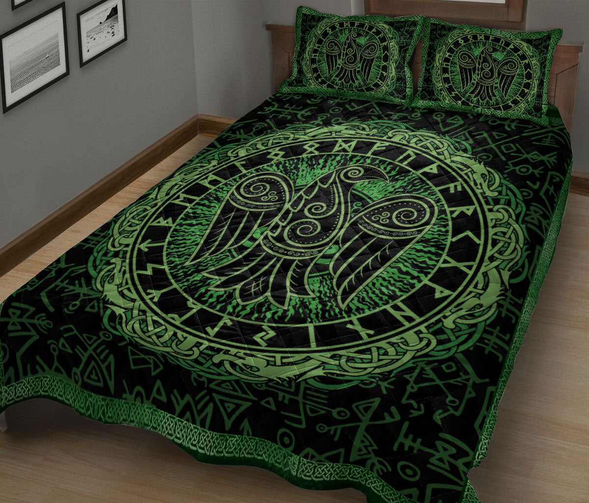 Ohaprints-Quilt-Bed-Set-Pillowcase-Raven-Rune-Viking-Huginn-Muninn-Norse-Nordic-Mythology-Black-Green-Blanket-Bedspread-Bedding-1668-King (90'' x 100'')