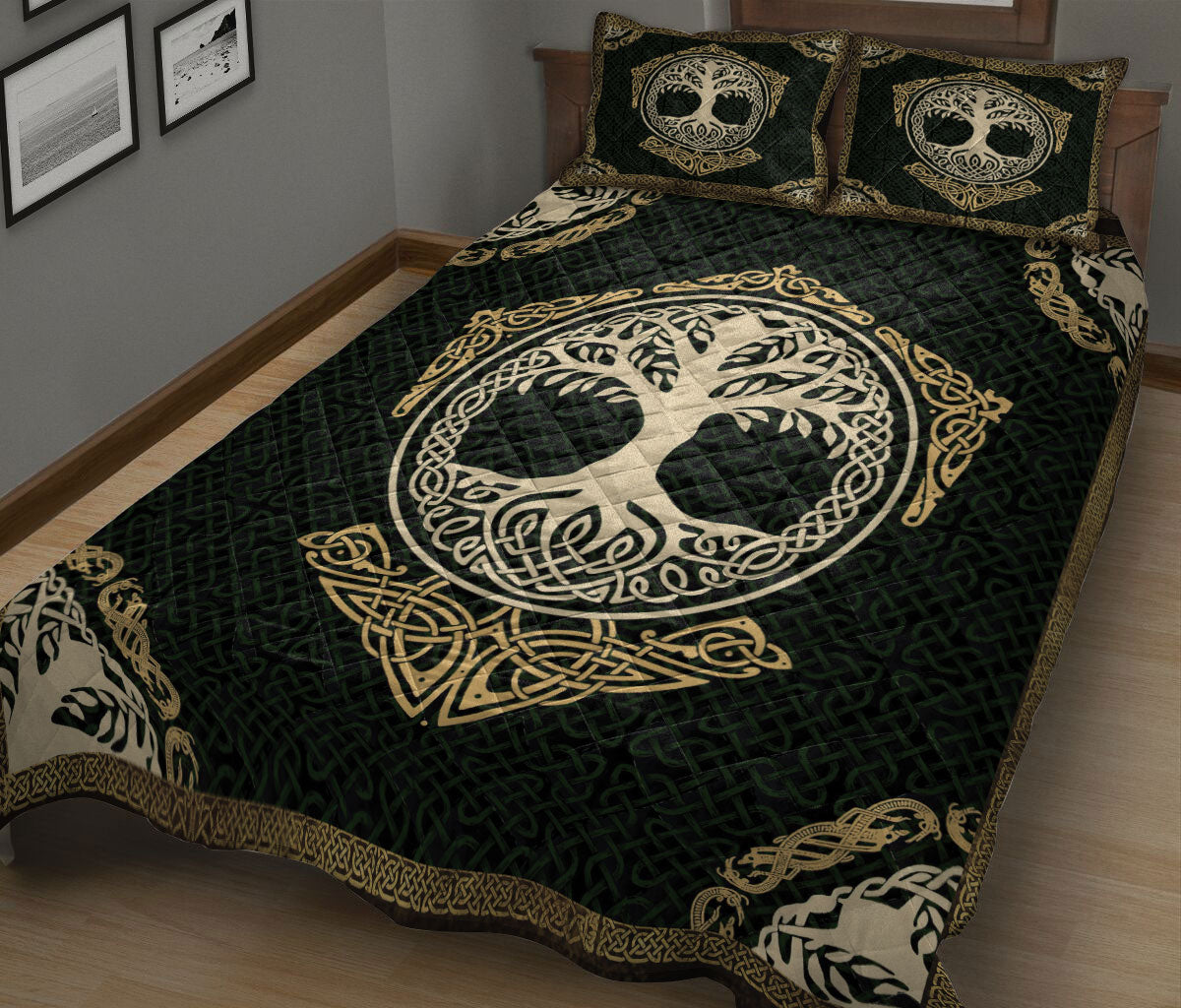 Ohaprints-Quilt-Bed-Set-Pillowcase-Celtic-Viking-Tree-Of-Life-Yggdrasil-Norse-Nordic-Mythology-Green-Blanket-Bedspread-Bedding-3304-King (90'' x 100'')