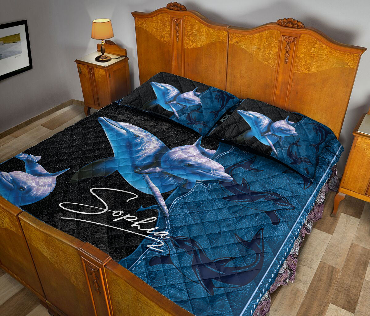 Ohaprints-Quilt-Bed-Set-Pillowcase-Love-Dolphin-Blue-Sea-Animal-Ocean-Seasonal-Bed-Decor-Custom-Personalized-Name-Blanket-Bedspread-Bedding-732-Queen (80'' x 90'')