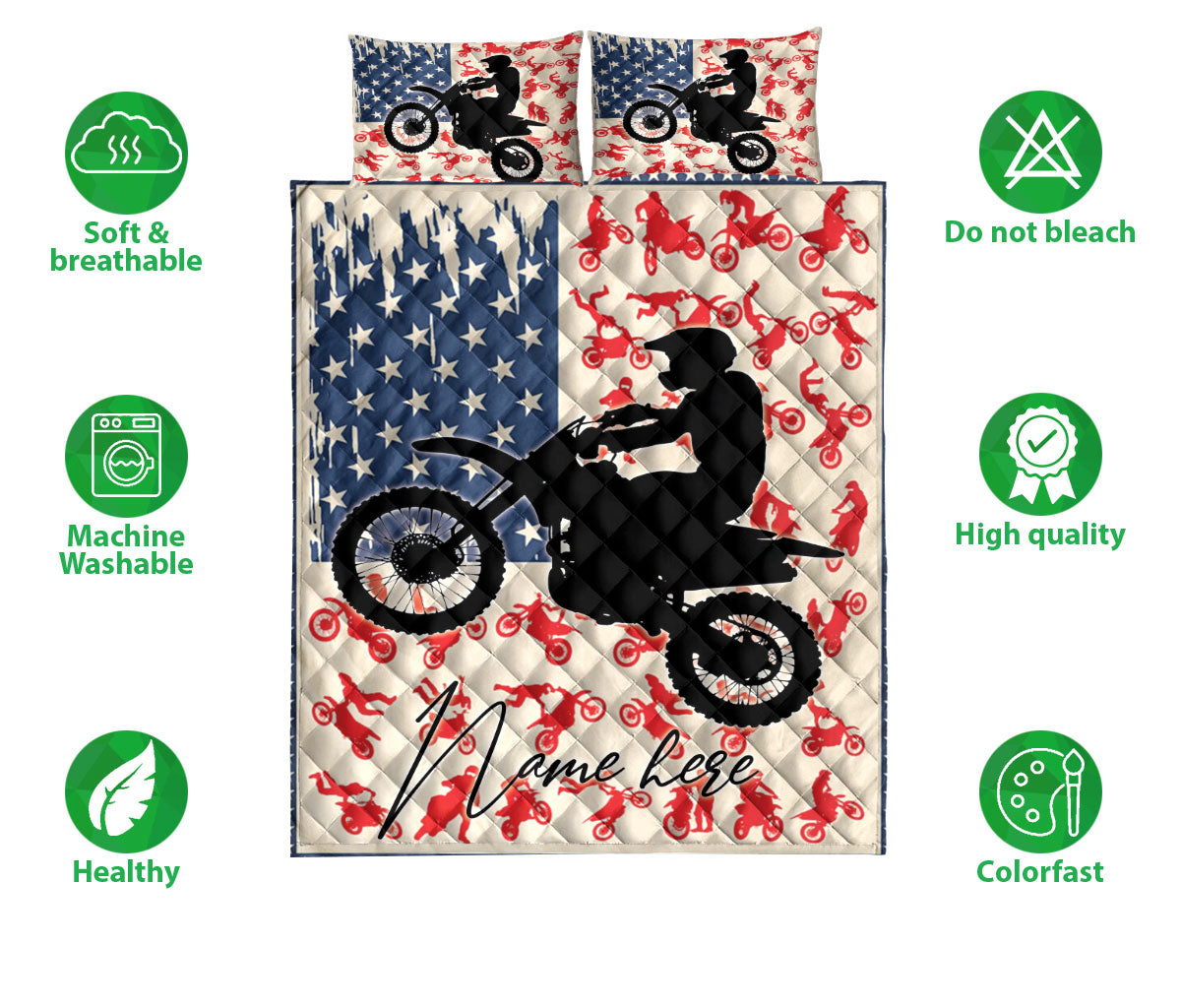 Ohaprints-Quilt-Bed-Set-Pillowcase-American-Flag-Motorcycle-Racing-Motocross-Custom-Personalized-Name-Blanket-Bedspread-Bedding-3456-Double (70'' x 80'')