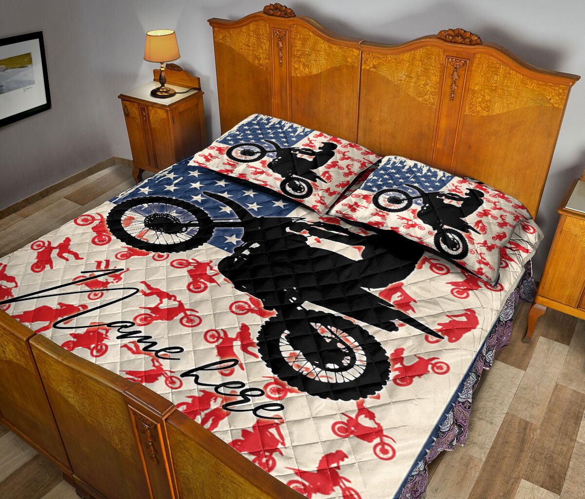 Ohaprints-Quilt-Bed-Set-Pillowcase-American-Flag-Motorcycle-Racing-Motocross-Custom-Personalized-Name-Blanket-Bedspread-Bedding-3456-King (90'' x 100'')