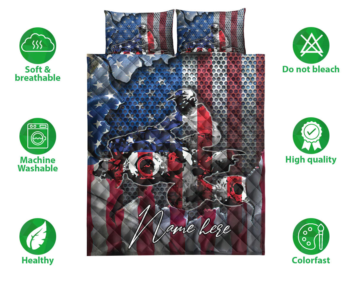 Ohaprints-Quilt-Bed-Set-Pillowcase-Us-Flag-Motorbike-Motorcycle-Motocross-Custom-Personalized-Name-Blanket-Bedspread-Bedding-3457-Double (70'' x 80'')