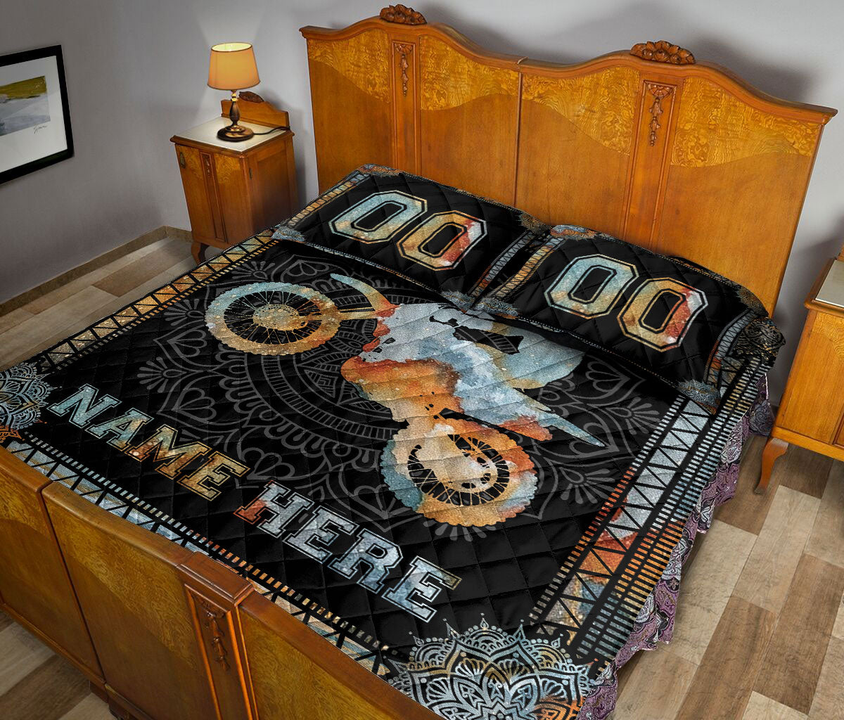 Ohaprints-Quilt-Bed-Set-Pillowcase-Mandala-Vintage-Motorcycle-Motocross-Custom-Personalized-Name-Number-Blanket-Bedspread-Bedding-3462-King (90'' x 100'')