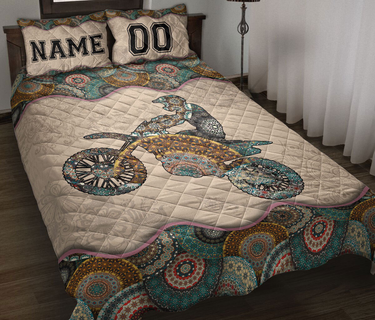 Ohaprints-Quilt-Bed-Set-Pillowcase-Motocross-Mandala-Boho-Motorcycle-Racing-Racer-Custom-Personalized-Name-Number-Blanket-Bedspread-Bedding-3464-Throw (55'' x 60'')