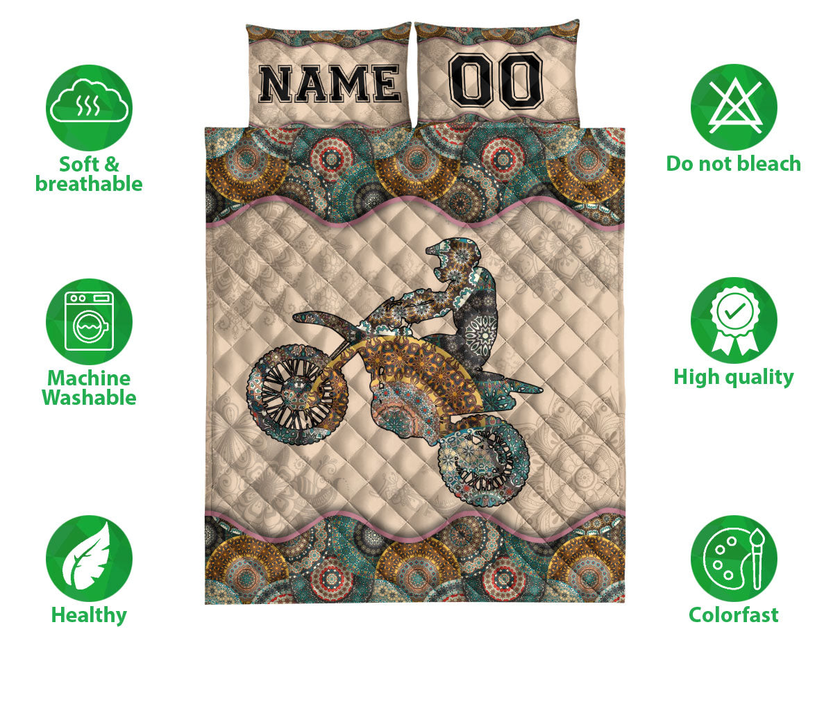 Ohaprints-Quilt-Bed-Set-Pillowcase-Motocross-Mandala-Boho-Motorcycle-Racing-Racer-Custom-Personalized-Name-Number-Blanket-Bedspread-Bedding-3464-Double (70'' x 80'')