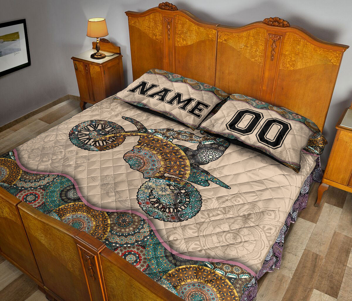 Ohaprints-Quilt-Bed-Set-Pillowcase-Motocross-Mandala-Boho-Motorcycle-Racing-Racer-Custom-Personalized-Name-Number-Blanket-Bedspread-Bedding-3464-King (90'' x 100'')