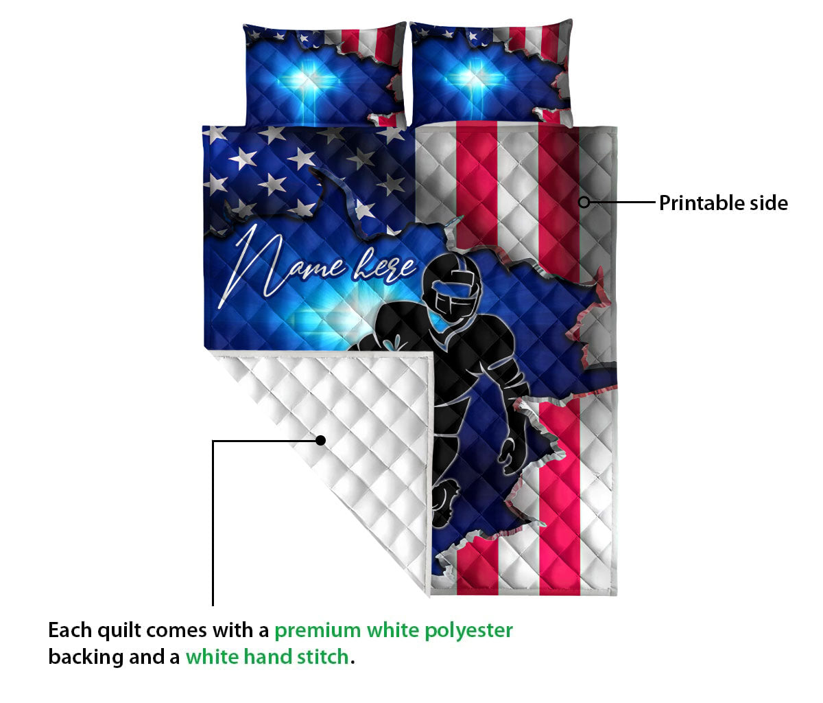 Ohaprints-Quilt-Bed-Set-Pillowcase-America-Football-Player-Blue-Jesus-Cross-Custom-Personalized-Name-Number-Blanket-Bedspread-Bedding-3164-Queen (80'' x 90'')