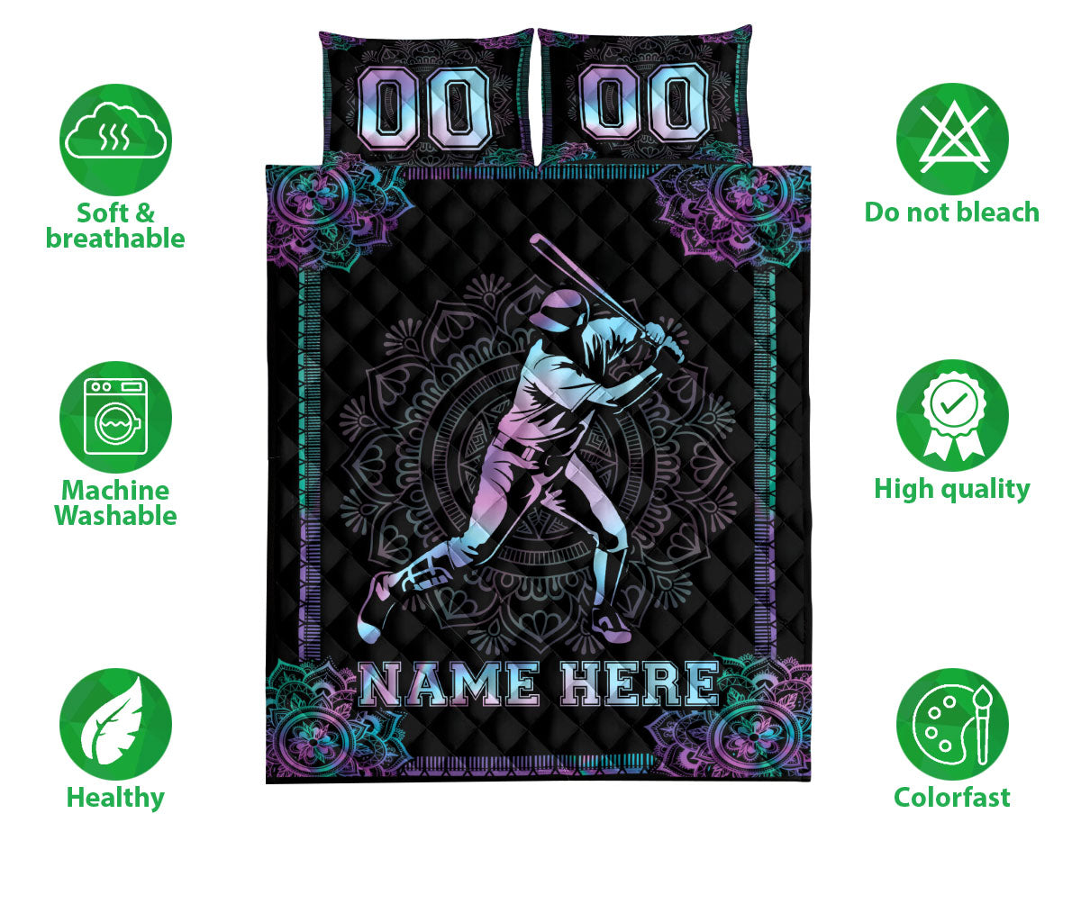 Ohaprints-Quilt-Bed-Set-Pillowcase-Mandala-Hologram-Baseball-Batter-Player-Fan-Custom-Personalized-Name-Number-Blanket-Bedspread-Bedding-3216-Double (70'' x 80'')