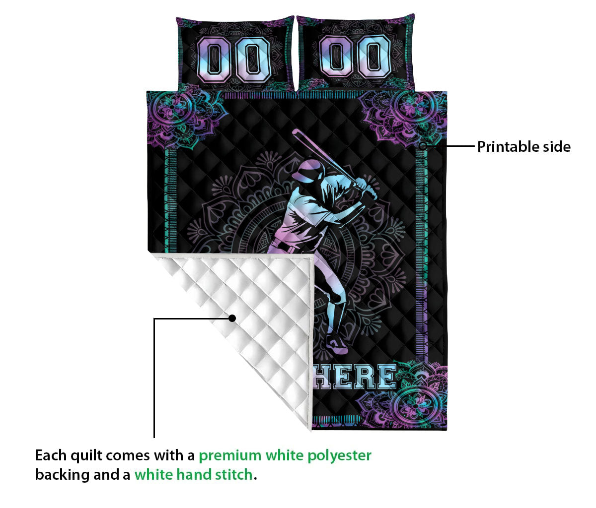 Ohaprints-Quilt-Bed-Set-Pillowcase-Mandala-Hologram-Baseball-Batter-Player-Fan-Custom-Personalized-Name-Number-Blanket-Bedspread-Bedding-3216-Queen (80'' x 90'')