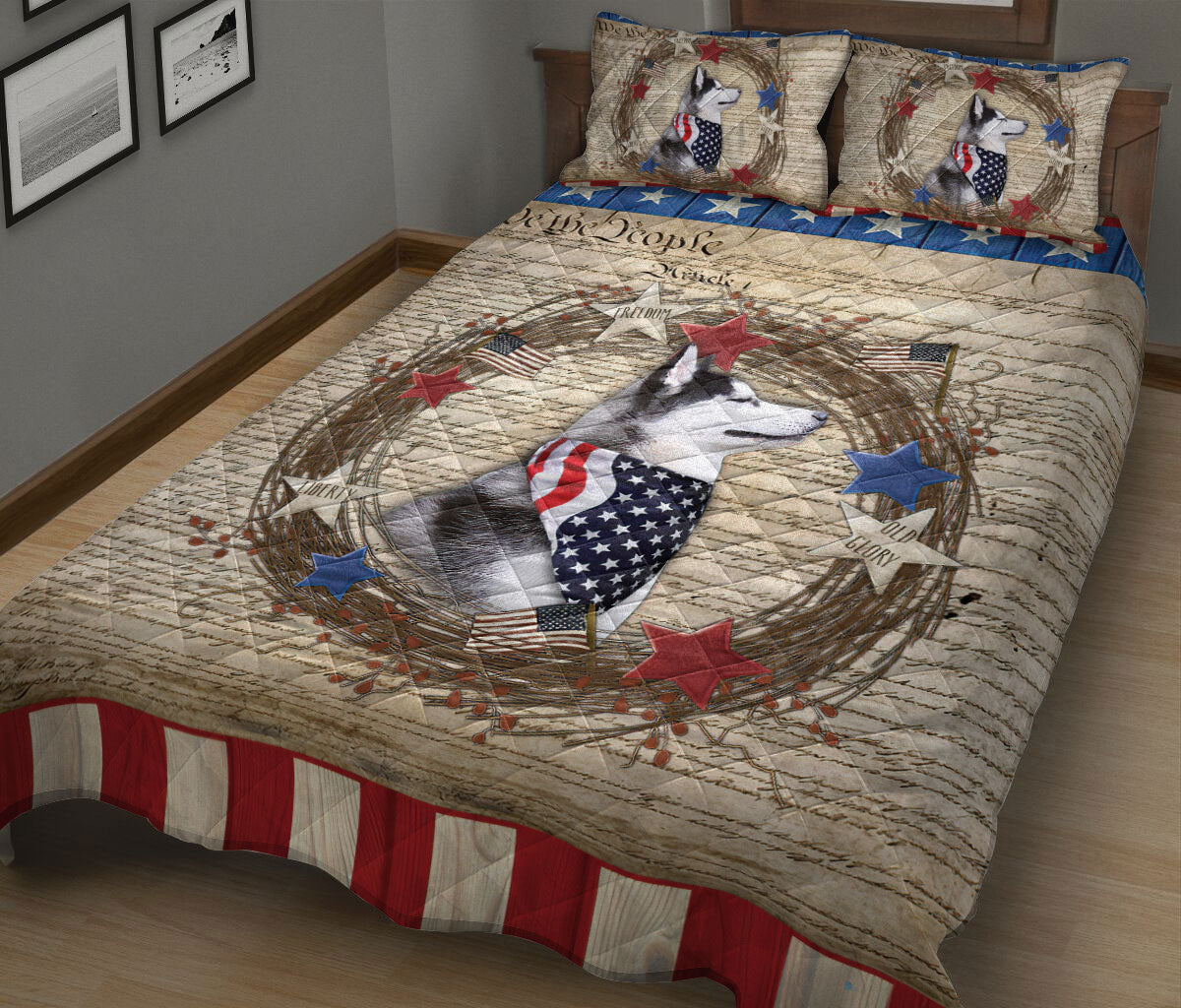 Ohaprints-Quilt-Bed-Set-Pillowcase-Husky-Vintage-Animal-Pet-Dog-We-The-People-Patriotic-Blanket-Bedspread-Bedding-1314-King (90'' x 100'')