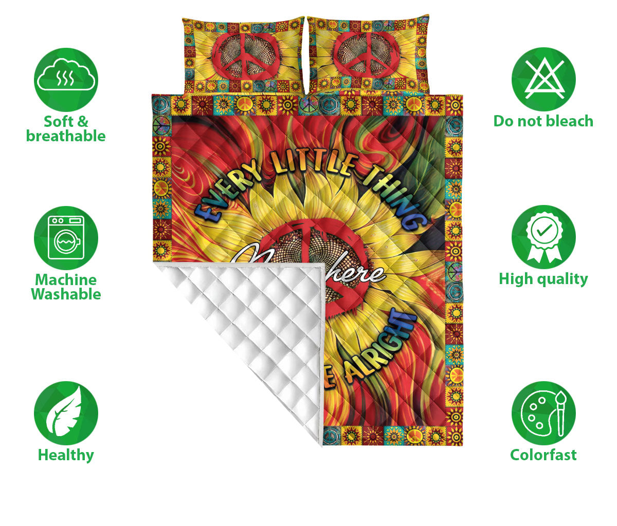 Ohaprints-Quilt-Bed-Set-Pillowcase-Sunflower-Peace-Sign-Tie-Dye-Hippie-Trippy-Boho-Custom-Personalized-Name-Blanket-Bedspread-Bedding-1973-Double (70'' x 80'')