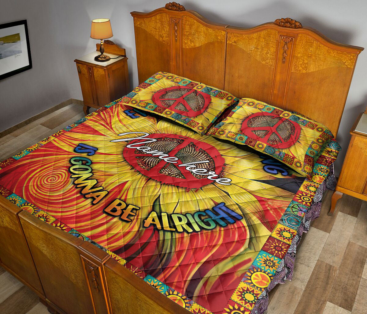 Ohaprints-Quilt-Bed-Set-Pillowcase-Sunflower-Peace-Sign-Tie-Dye-Hippie-Trippy-Boho-Custom-Personalized-Name-Blanket-Bedspread-Bedding-1973-Queen (80'' x 90'')