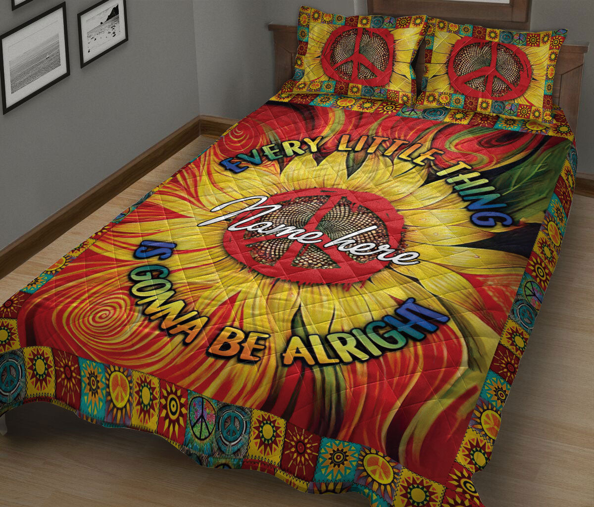 Ohaprints-Quilt-Bed-Set-Pillowcase-Sunflower-Peace-Sign-Tie-Dye-Hippie-Trippy-Boho-Custom-Personalized-Name-Blanket-Bedspread-Bedding-1973-King (90'' x 100'')