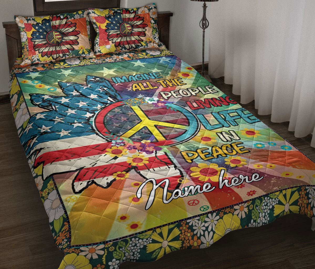 Ohaprints-Quilt-Bed-Set-Pillowcase-America-Sunflower-Peace-Life-Tie-Dye-Hippie-Trippy-Custom-Personalized-Name-Blanket-Bedspread-Bedding-2565-Throw (55'' x 60'')