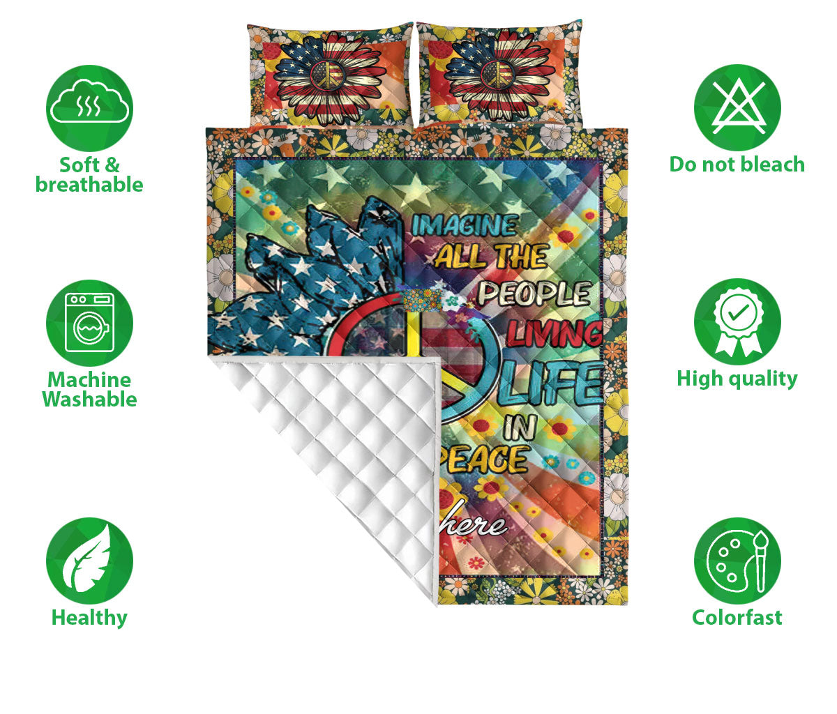 Ohaprints-Quilt-Bed-Set-Pillowcase-America-Sunflower-Peace-Life-Tie-Dye-Hippie-Trippy-Custom-Personalized-Name-Blanket-Bedspread-Bedding-2565-Double (70'' x 80'')