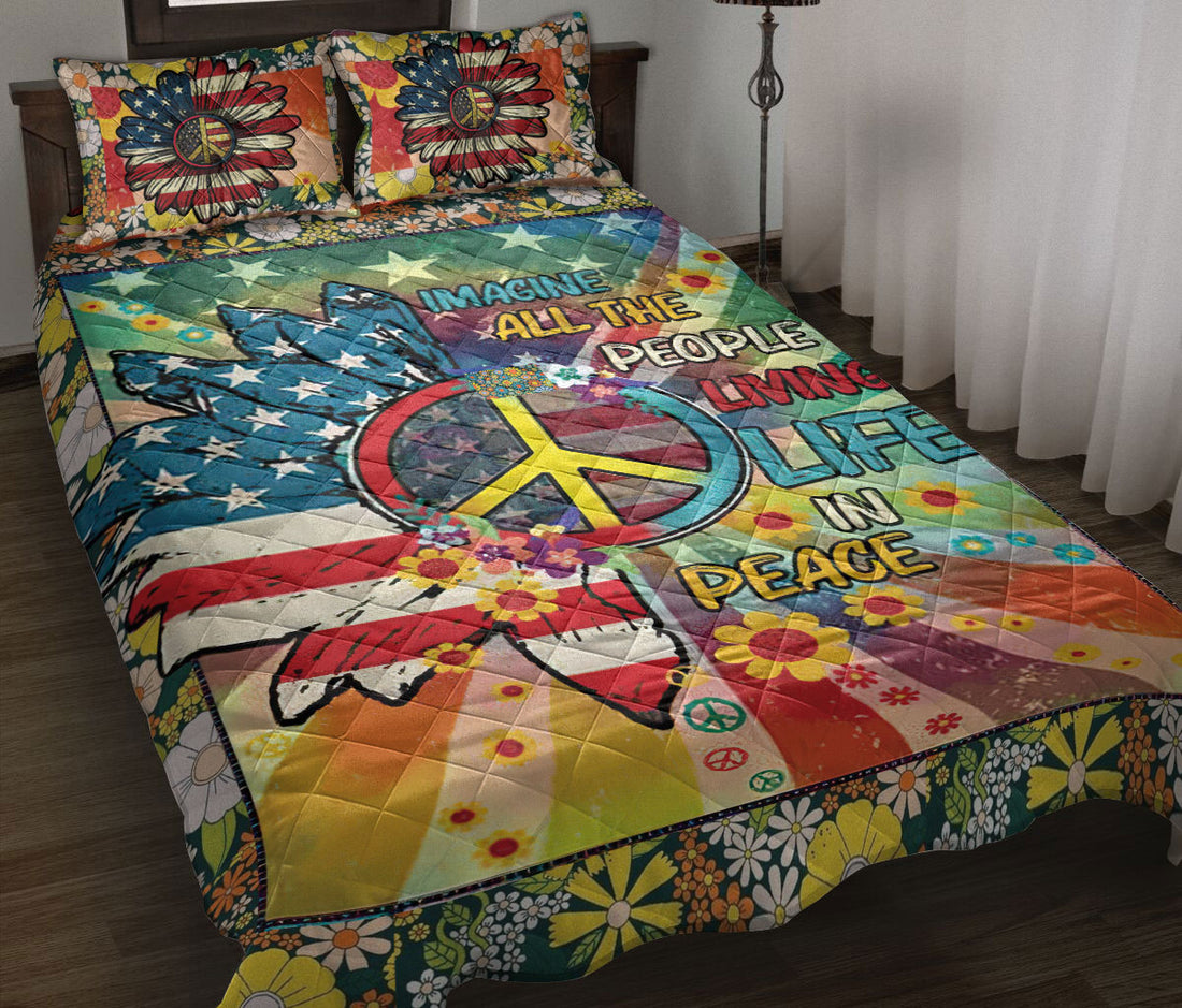 Ohaprints-Quilt-Bed-Set-Pillowcase-America-Sunflower-Peace-Sign-Life-Tie-Dye-Colorful-Hippie-Trippy-Boho-Blanket-Bedspread-Bedding-696-Throw (55'' x 60'')