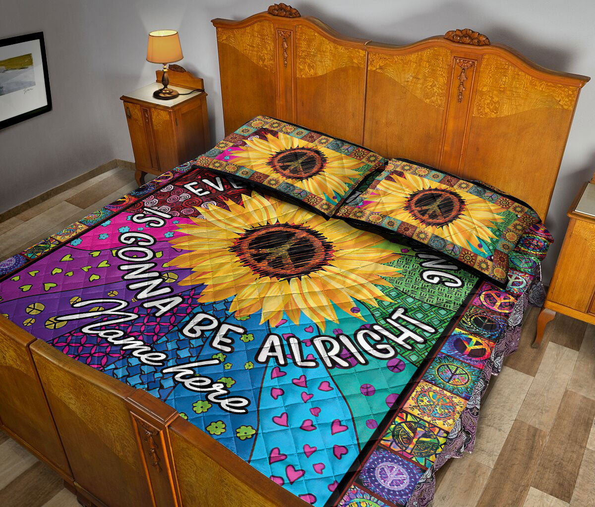 Ohaprints-Quilt-Bed-Set-Pillowcase-Sunflower-Peace-Tie-Dye-Colorful-Hippie-Trippy-Boho-Custom-Personalized-Name-Blanket-Bedspread-Bedding-215-Queen (80'' x 90'')