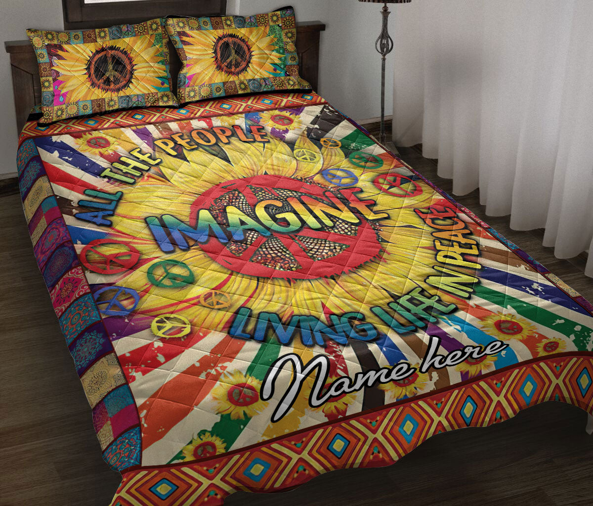 Ohaprints-Quilt-Bed-Set-Pillowcase-Sunflower-Peace-Sign-Life-Tie-Dye-Hippie-Trippy-Boho-Custom-Personalized-Name-Blanket-Bedspread-Bedding-806-Throw (55'' x 60'')