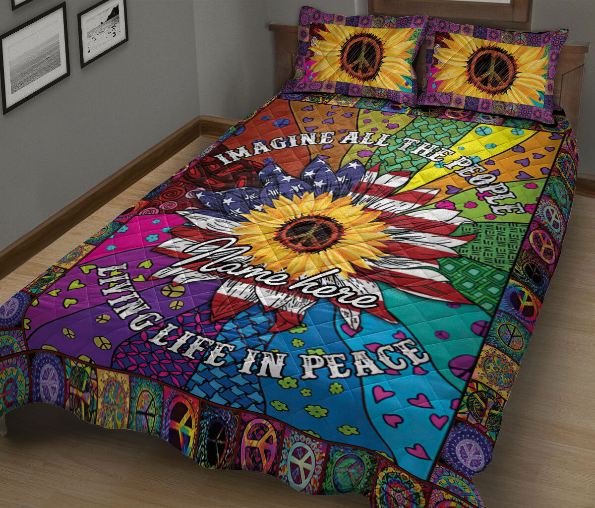 Ohaprints-Quilt-Bed-Set-Pillowcase-America-Sunflower-Peace-Sign-Tie-Dye-Hippie-Trippy-Custom-Personalized-Name-Blanket-Bedspread-Bedding-1386-King (90'' x 100'')