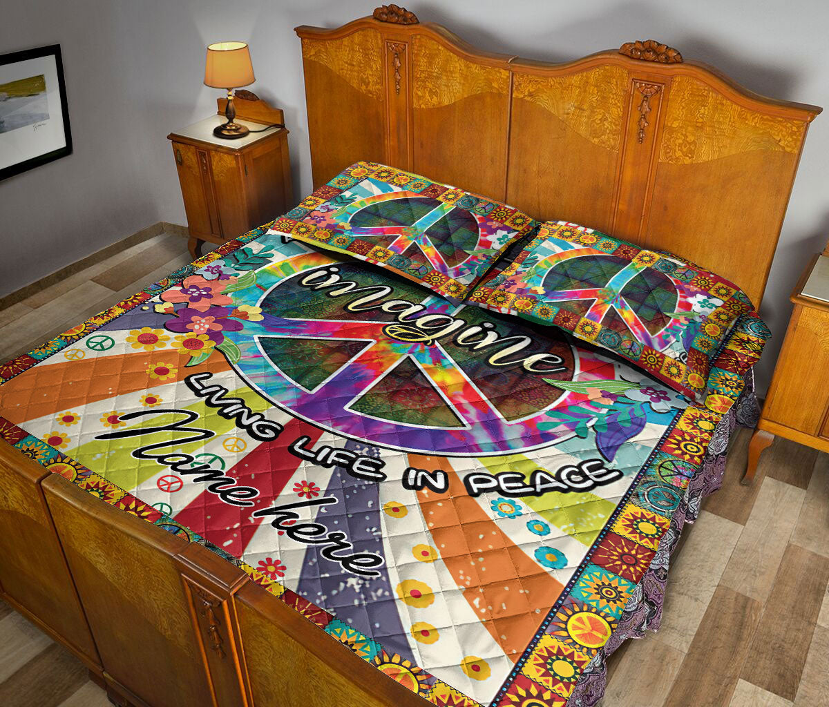 Ohaprints-Quilt-Bed-Set-Pillowcase-Flower-Floral-Peace-Sign-Life-Tie-Dye-Hippie-Trippy-Custom-Personalized-Name-Blanket-Bedspread-Bedding-1974-Queen (80'' x 90'')