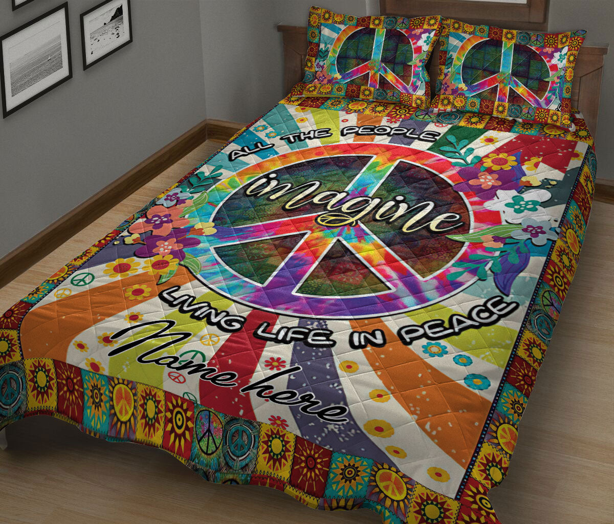 Ohaprints-Quilt-Bed-Set-Pillowcase-Flower-Floral-Peace-Sign-Life-Tie-Dye-Hippie-Trippy-Custom-Personalized-Name-Blanket-Bedspread-Bedding-1974-King (90'' x 100'')