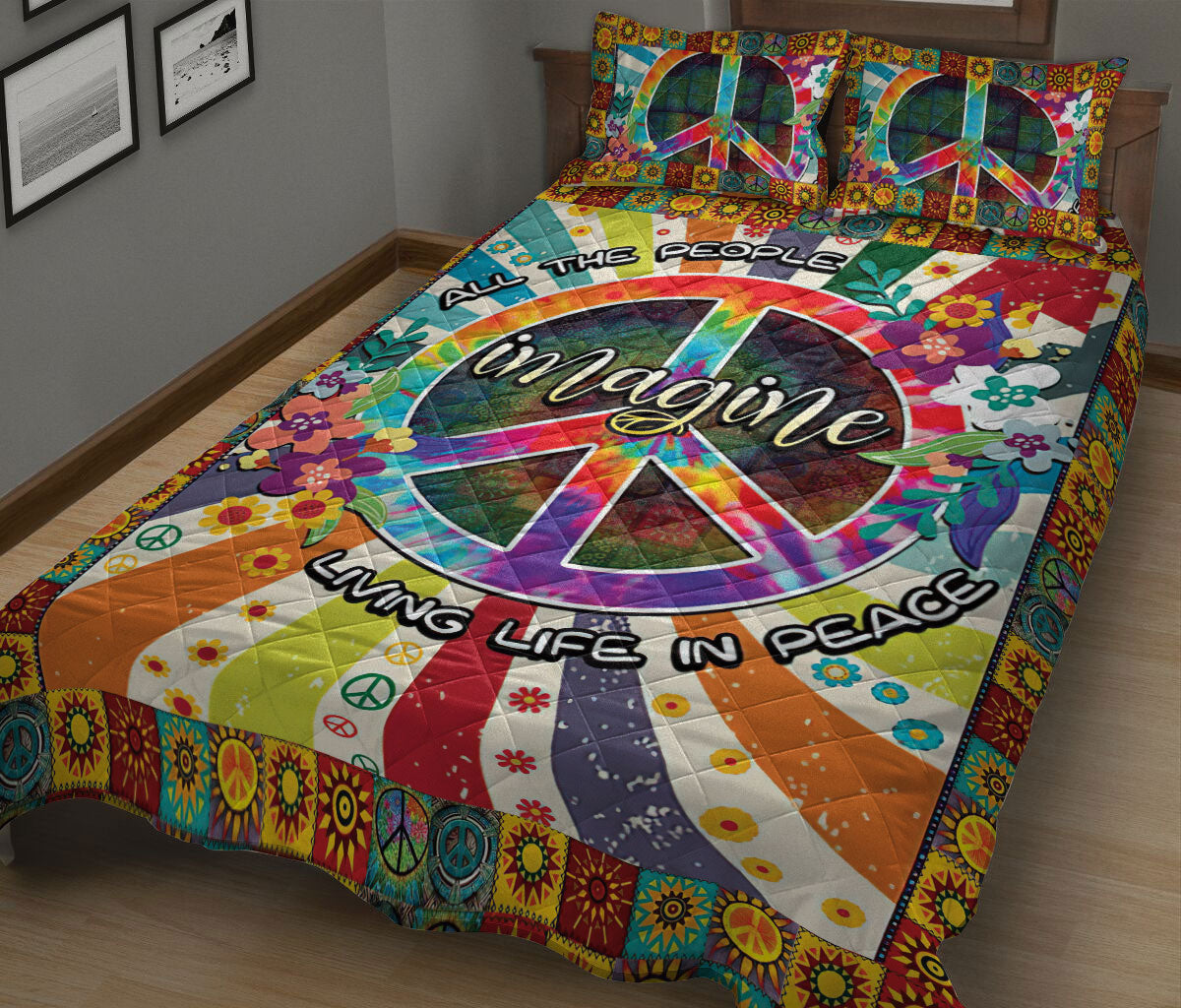 Ohaprints-Quilt-Bed-Set-Pillowcase-Flower-Floral-Peace-Sign-Life-Tie-Dye-Colorful-Hippie-Trippy-Boho-Blanket-Bedspread-Bedding-1901-King (90'' x 100'')