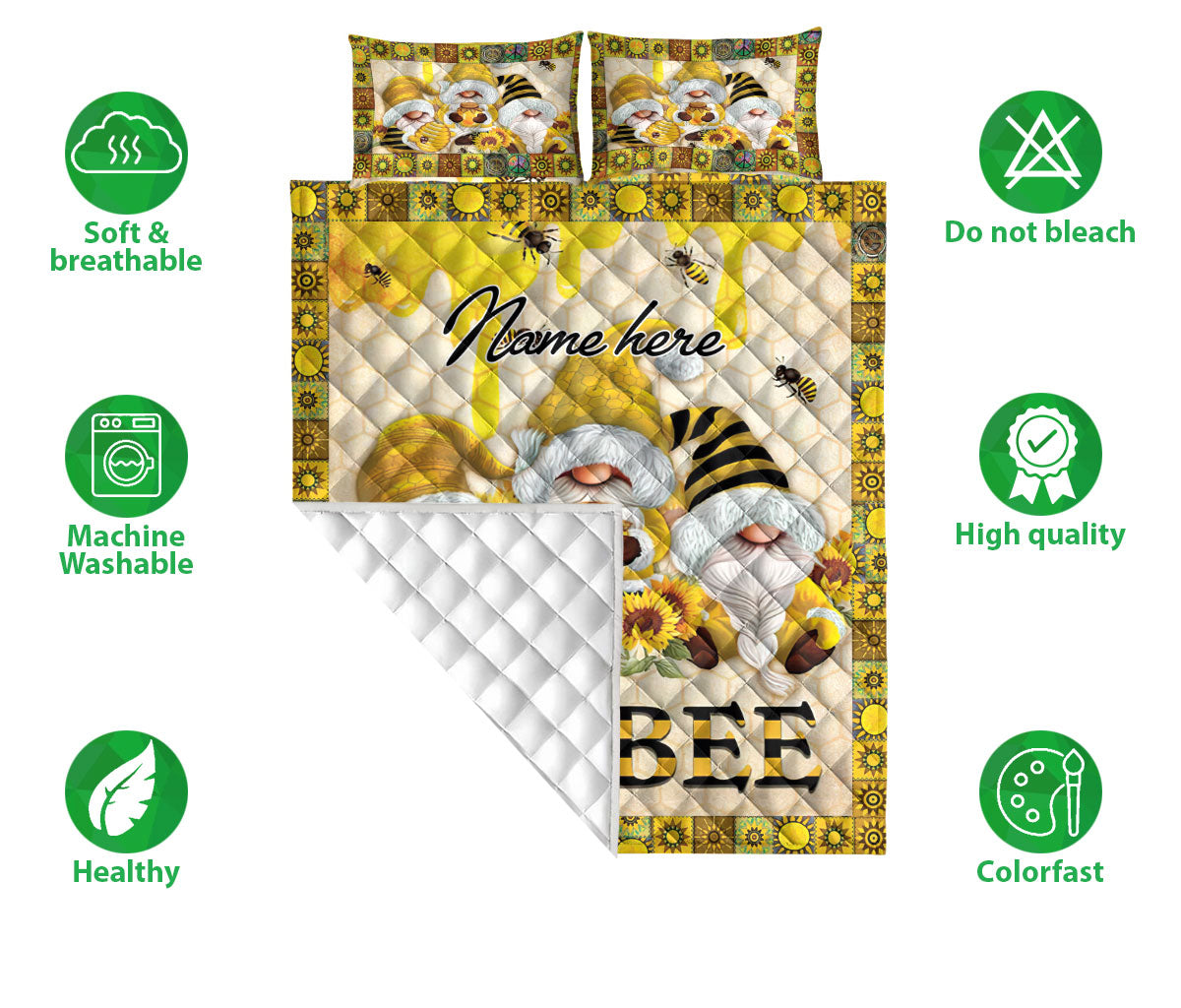 Ohaprints-Quilt-Bed-Set-Pillowcase-Bumble-Honey-Bee-Let-It-Bee-Gnome-Yellow-Sunflower-Custom-Personalized-Name-Blanket-Bedspread-Bedding-2480-Double (70'' x 80'')